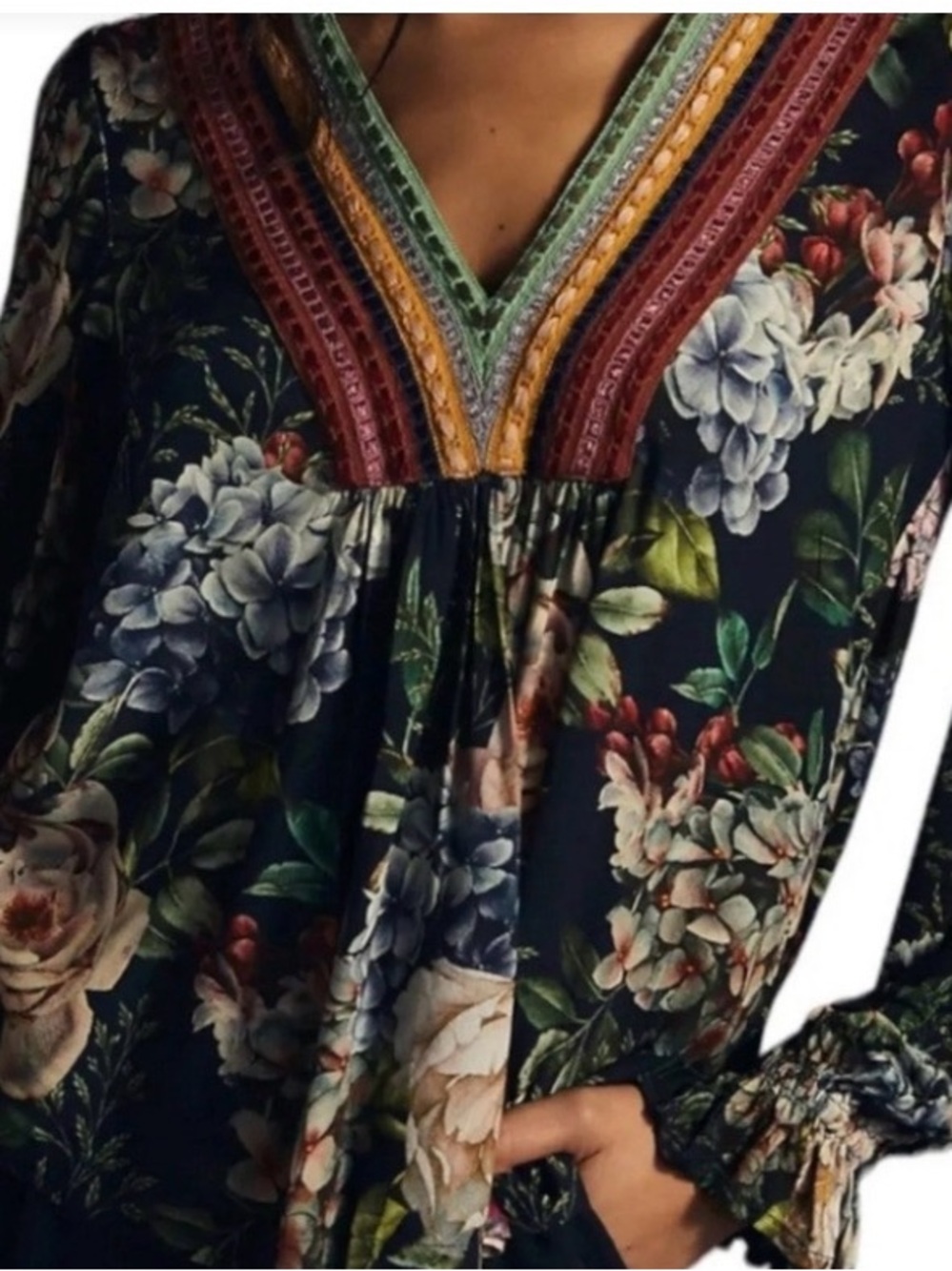 Floral V-Neck Peasant Blouse - Black Multi